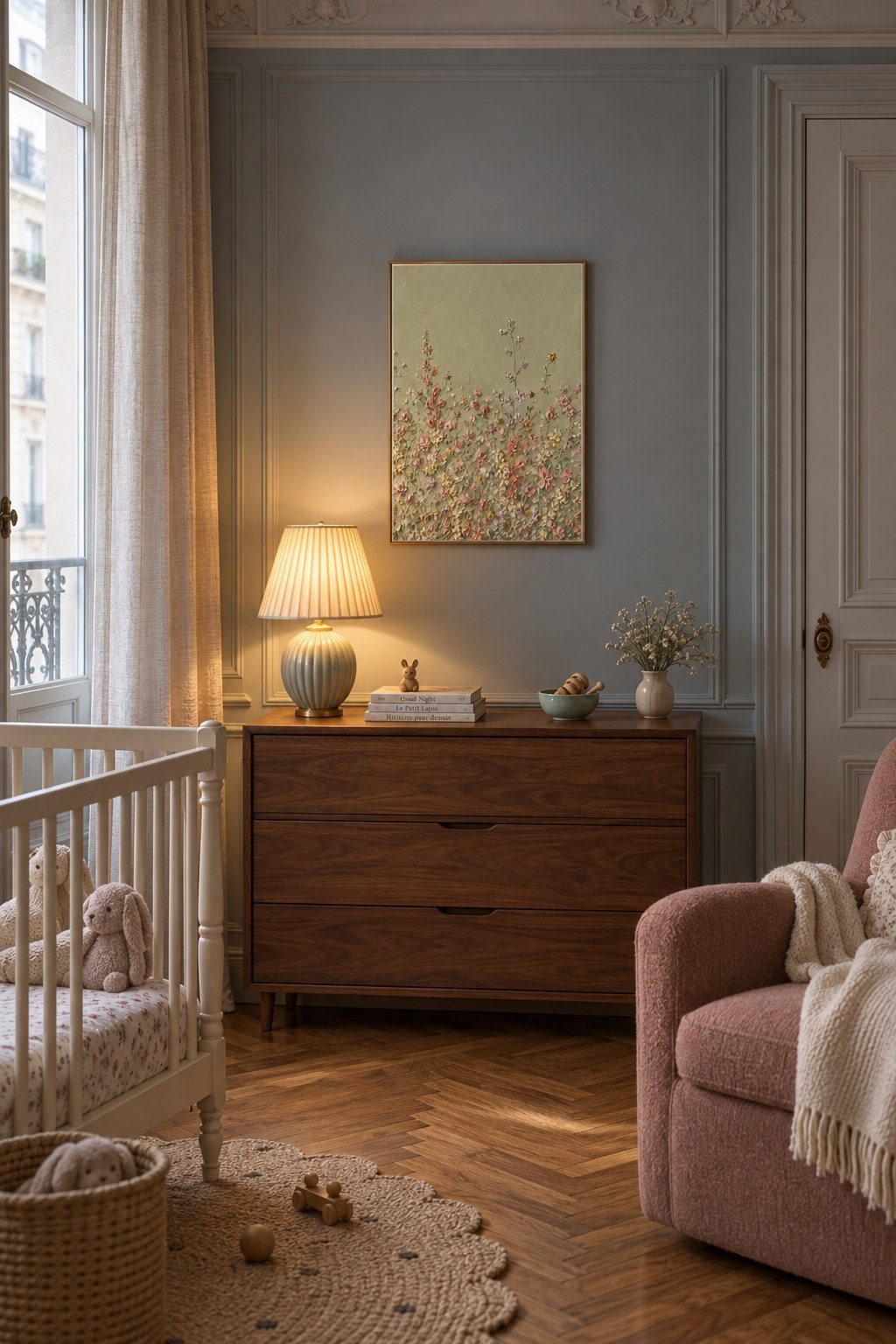 Wildflower Field in Sage, styled interior